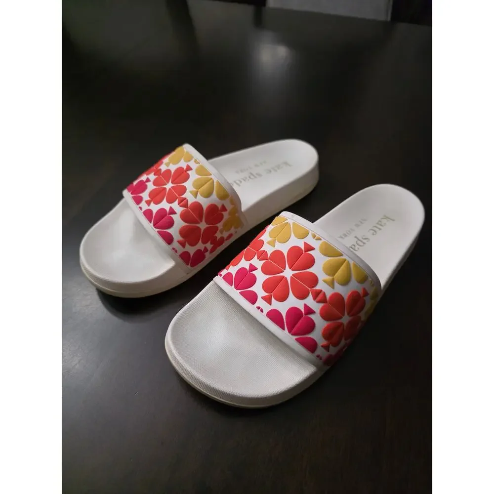 Kate Spade New York Olympia Slide Pink Orange Yellow Spade Logo Sandals Size 7